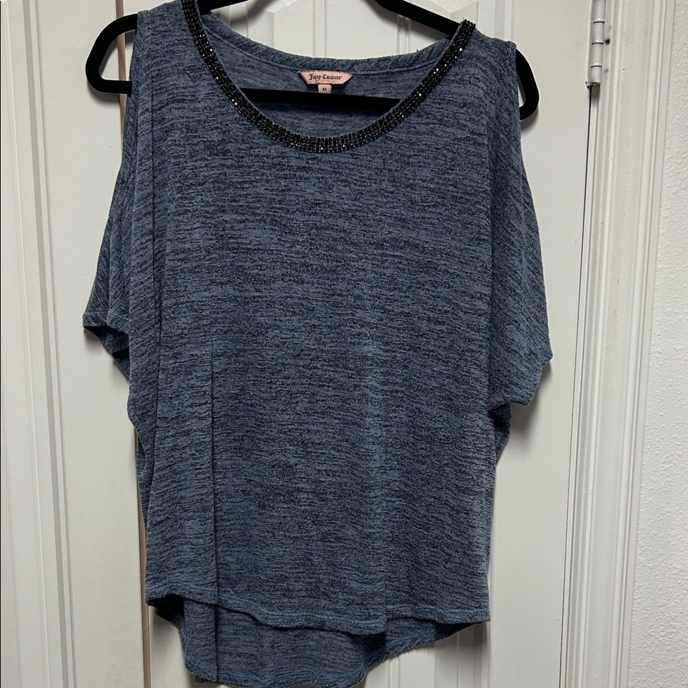 Juicy Couture Heathered Blue Cold Shouldered top with black crystal neckline